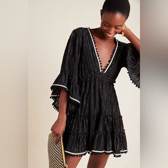 MISA by ANTHROPOLOGIE Womens Black Gold Pom Pom Kacia Dress, EUC! Size XS/S - Picture 2 of 10